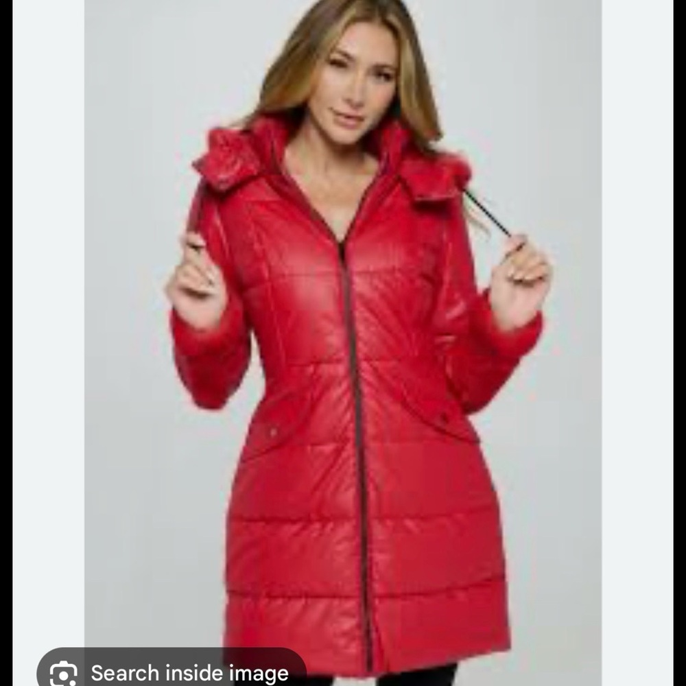 Women's Red Quilted Hooded Puffer Coat